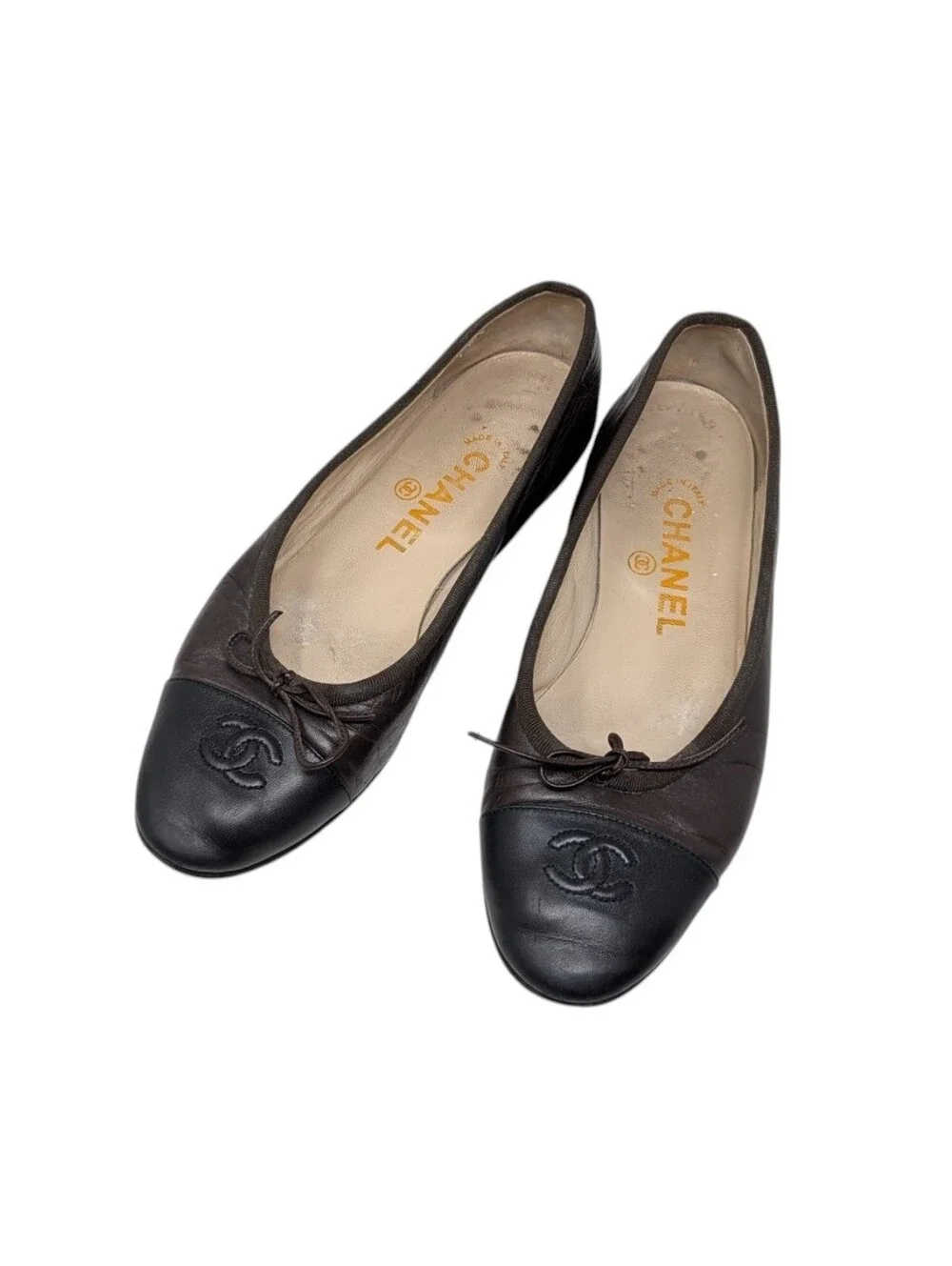Chanel Brown Leather Cap Toe Interlocking CC Ballerina Ballet Flats Size EU 37.5